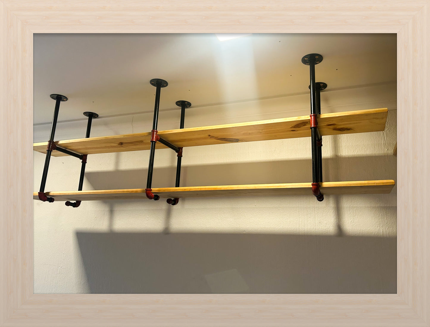 Custom built ceiling mounted shelves